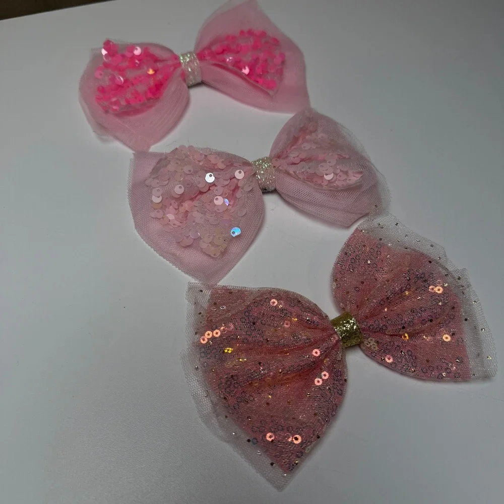 Kids Pink Sequin‎ Tulle Bow Hair Clips Set 3 Sparkly hair Accessories Girls